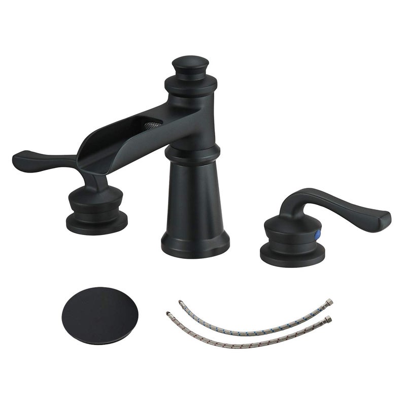 BWE Widespread Bathroom Faucet 3 Holes Matte Black with Pop Up Drain Assembly and Supply Hose Waterfall Black Two-Handle 8-16 inch Bathroom Faucet Lavatory Basin Mixer Tap - Image 1
